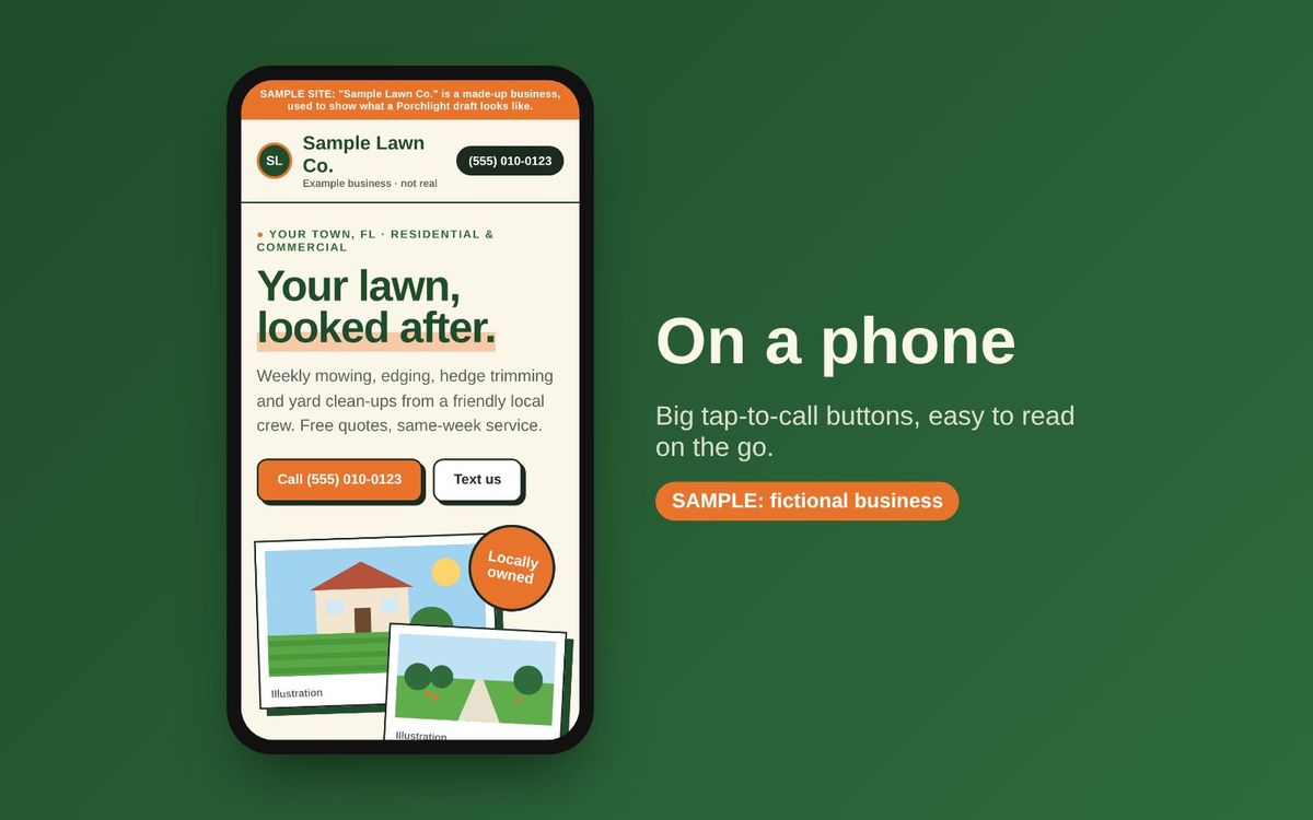 The same sample lawn care draft shown on a phone