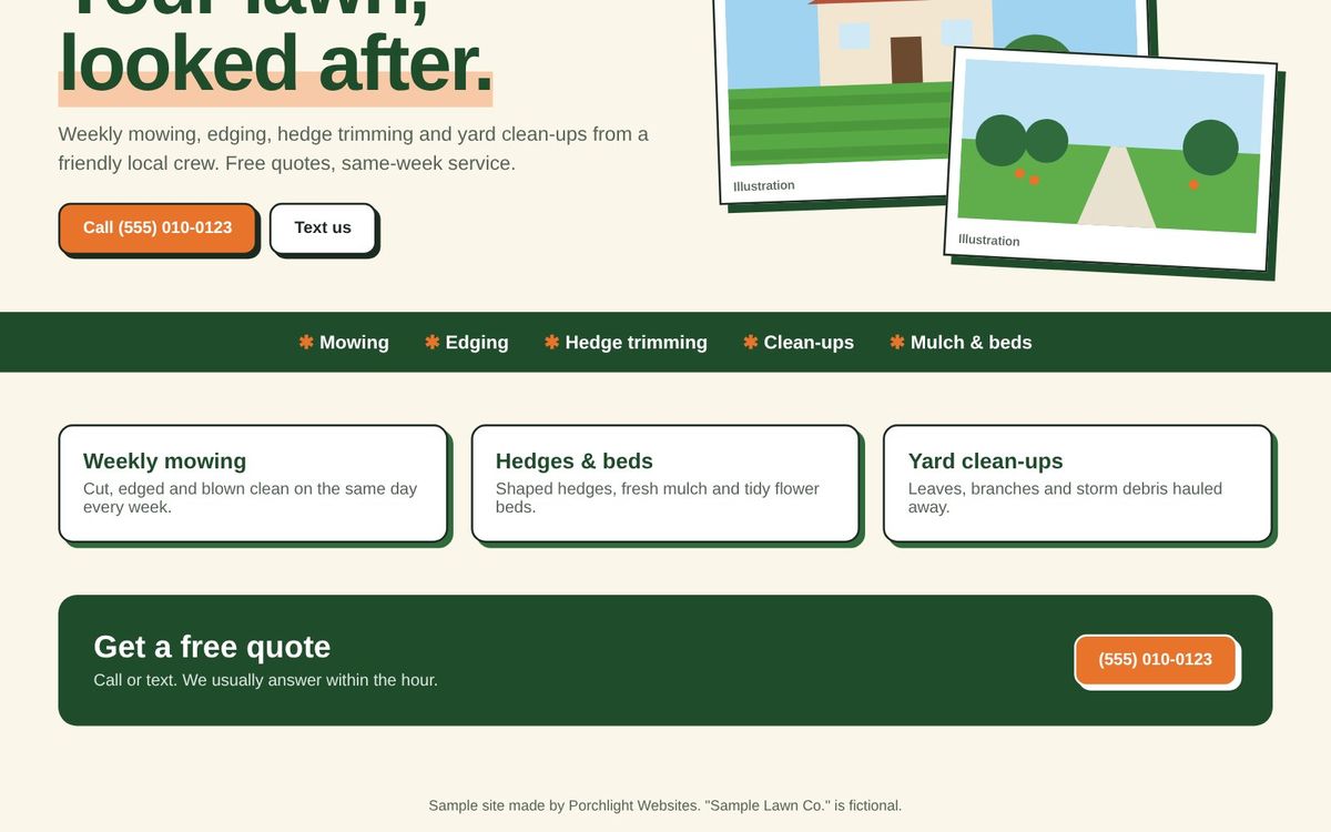 Sample draft website for a made-up lawn care business, services section